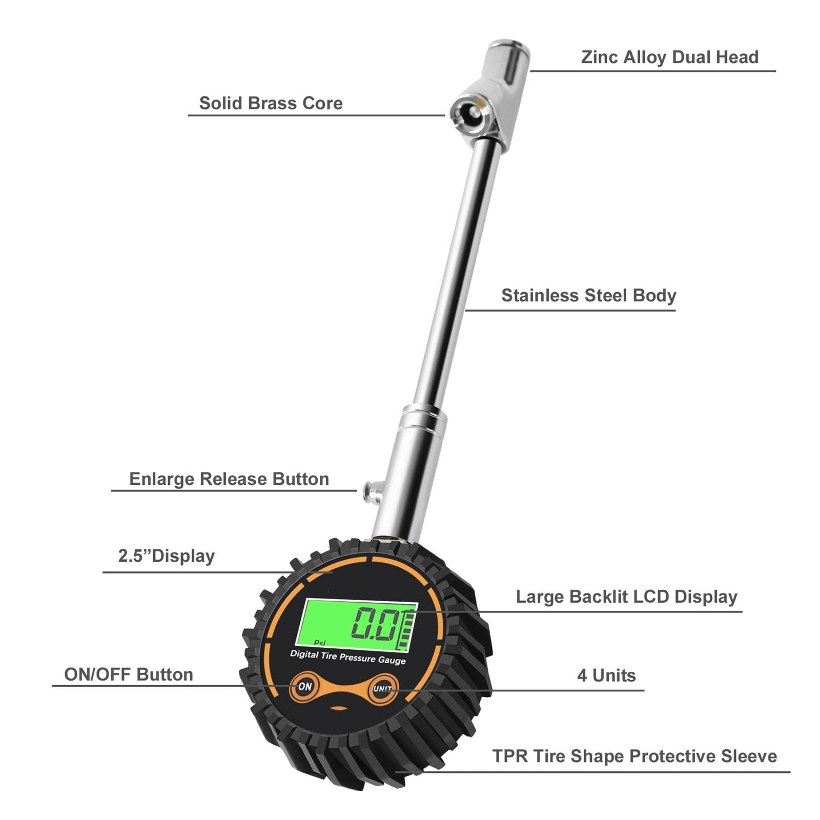 Manometro Digitale For Pneumatici For Pneumatici Pesanti 200 PSI Con Mandrino A Doppia Testa E Display LCD Retroilluminato