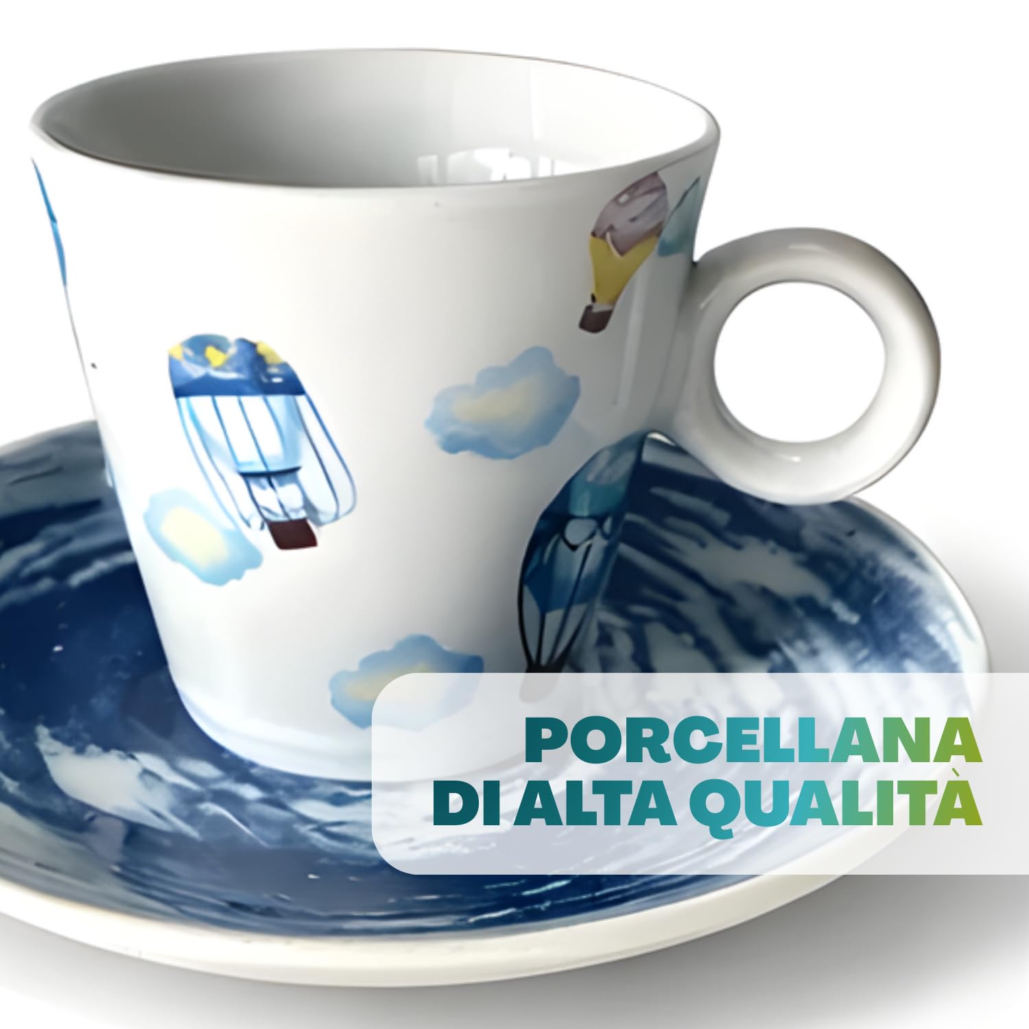 PALUPLUS Set 12 Tazzine Caffè con Piattino in Porcellana da 80 ml, Tazze da Espresso con manico, Lavabili in Lavastoviglie, adatte per Microonde, FANTASIA OCEAN -268