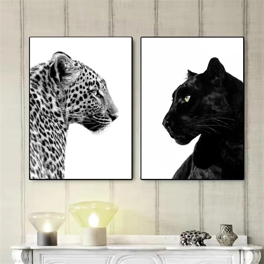 Láminas decorativas de leopardo en blanco y negro para pared, lienzos con imágenes de animales salvajes, pósteres para la pared de la sala de estar, decoración del hogar (70x100cmx2/sin marco)