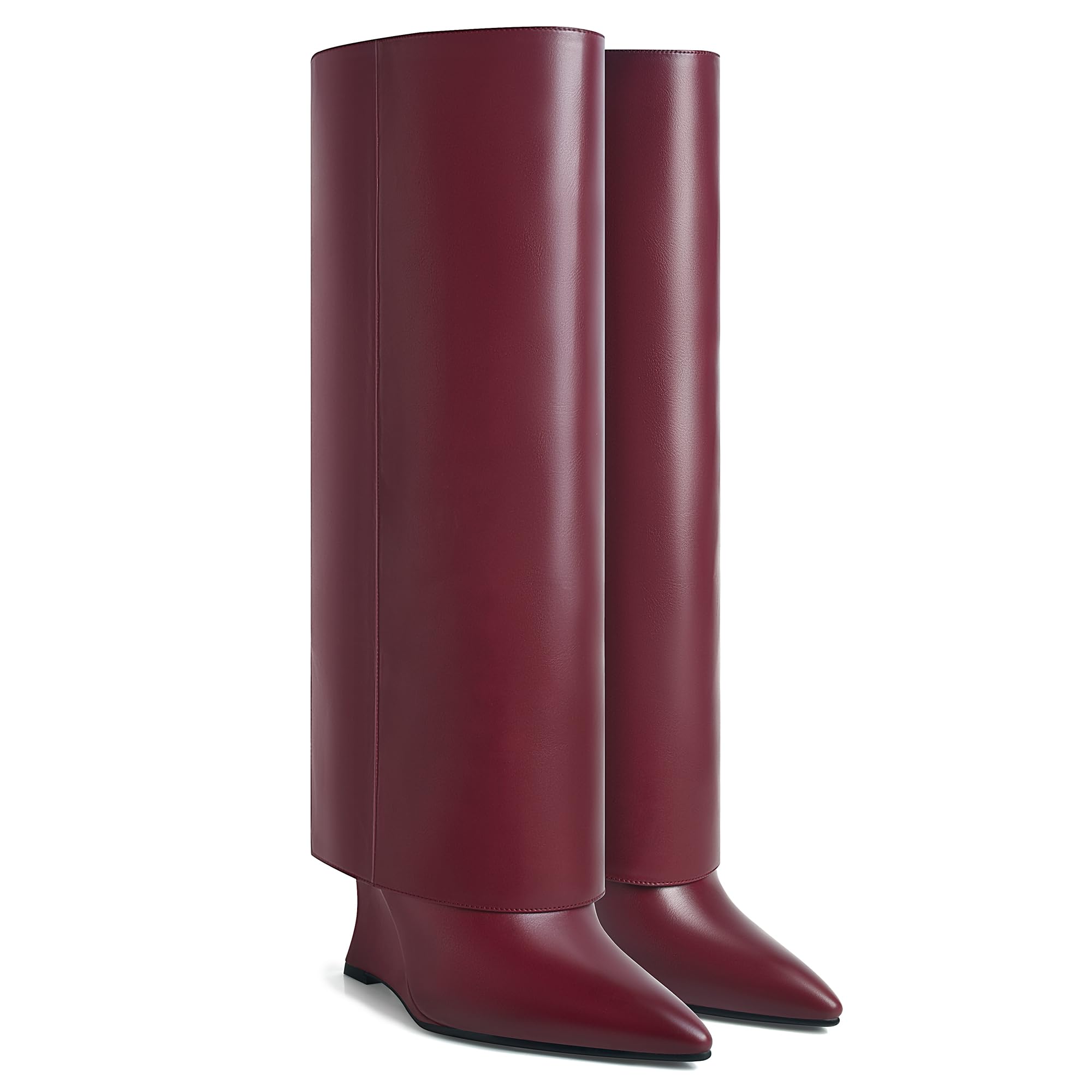 JANSEVEN Women Knee High Black Fold Over Boot with Wedge Heel Pointed Toe Wide Calf Covered Boots Overlay