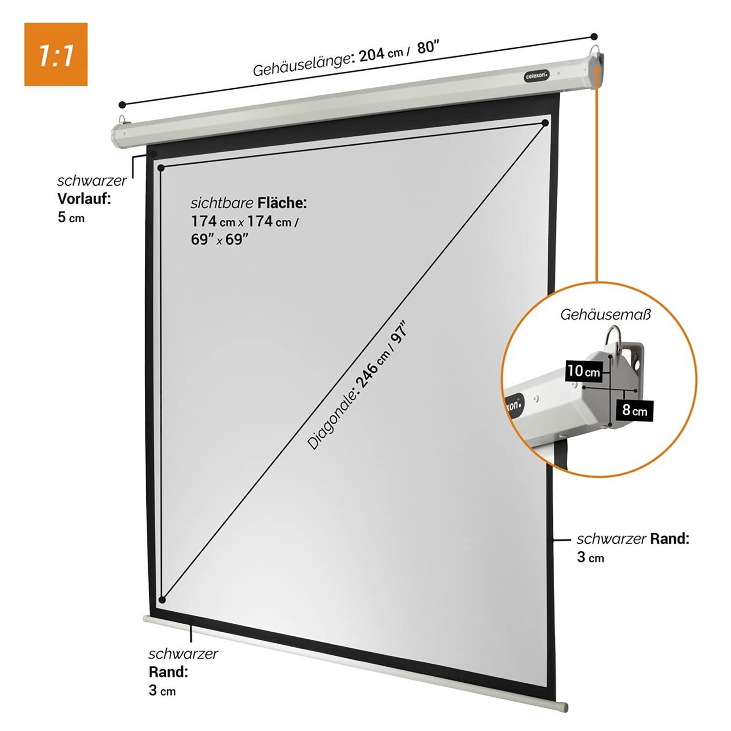 Celexon ELECTRIC ECONOMY, Schermo motorizzato adatto per tutti i tipi di proiezione, fattore Gain di 1,2, formato 1:1, 180 x 180 cm, bianco