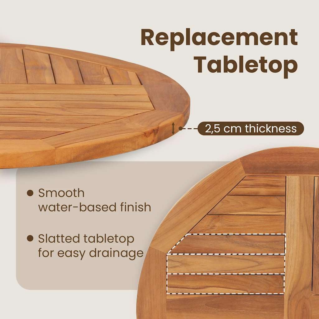 vidaXL Dessus de Table Rond Remplacement Plateau de Table de Salle à Manger Table à Dîner Restaurant 2,5 cm 80 cm Bois de Teck Solide