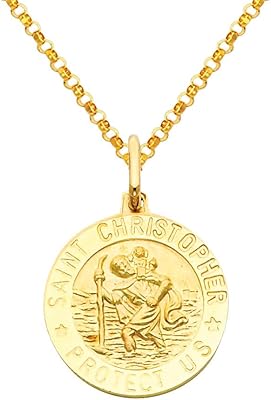 14k Yellow Gold Religious Saint Christopher Medal Pendant with 1.6mm Cable Chain Necklace