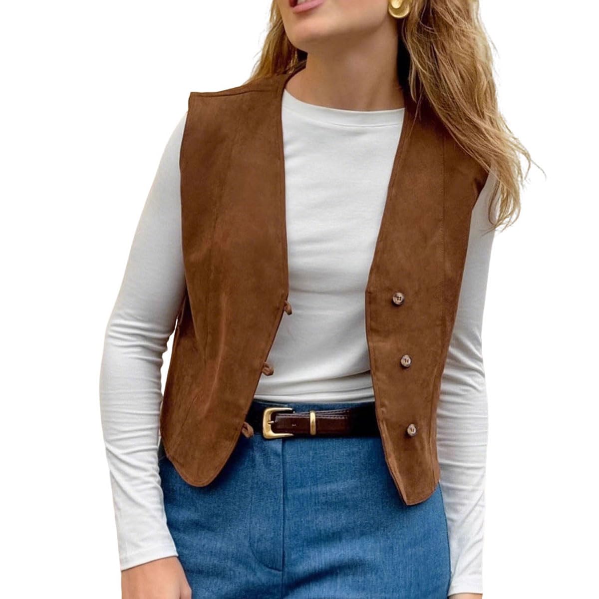 utcoco Womens Faux Suede Vest Fall Vintage Button Down V Neck Sleeveless Cropped Waistcoat for Layering