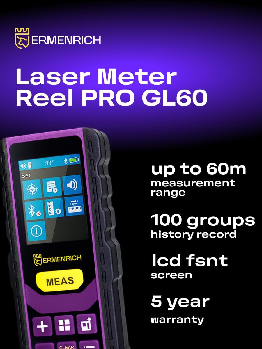 Reel PRO GL60 Profesjonalny Dalmierz Laserowy Pomiar Liniowy i Przestrzenny Powierzchnia Objętość Kąt Tryb Pitagorasa Zmiana Jednostek Wbudowana Pamięć do Użytku Wewnętrznego i Zewnętrznego