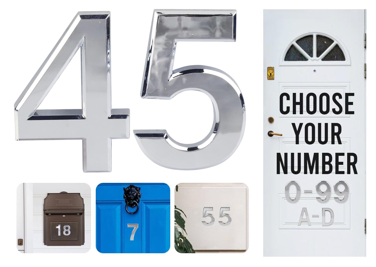 Silver Door Numbers Stick On, 0-99, Letters A, B, C, D, 3'' House Numbers Self Adhesive Stickers, For Doors, Mail Boxes, Hotel Rooms (45)