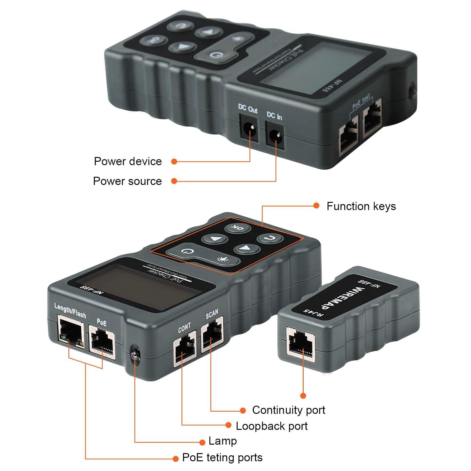 Tester di rete RJ45 con display LCD, tester per cavi NF-488 con funzione POE per verificare il cortocircuito, lo stato di interruzione di cavi di rete Cat5/Cat6, test di tensione e corrente