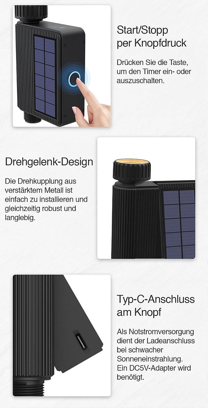Royal Gardineer Solar Bewässerungssystem: WLAN-Bewässerungscomputer, Solar, Wassermengenzähler, App, IP65 (Bewässerung Computer Bluetooth, Bewässerungscomputer Solarpanel, Zähler)