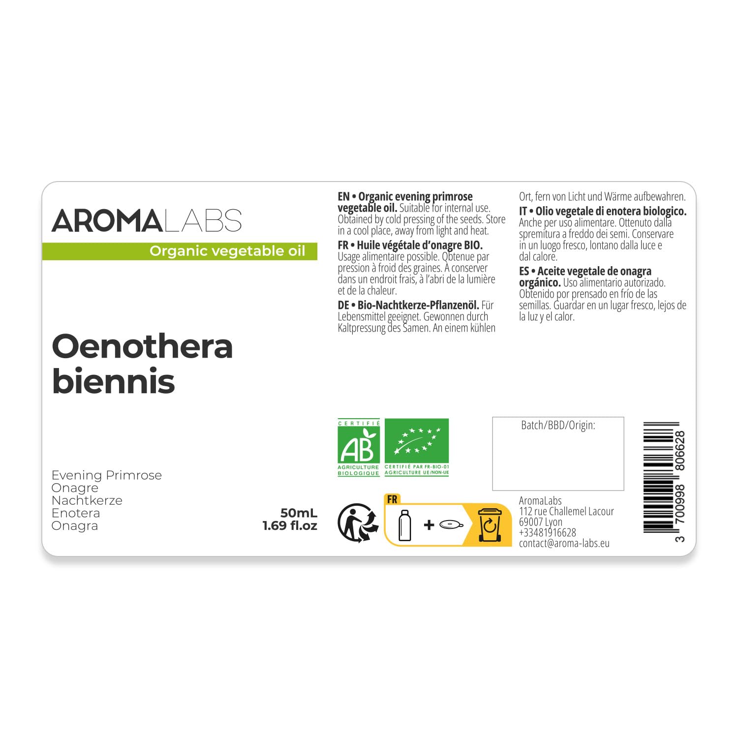Aceite de Onagra BIO (Oenothera biennis) - 50 mL - Aceite Vegetal Virgen Certificado AB - Aroma Labs