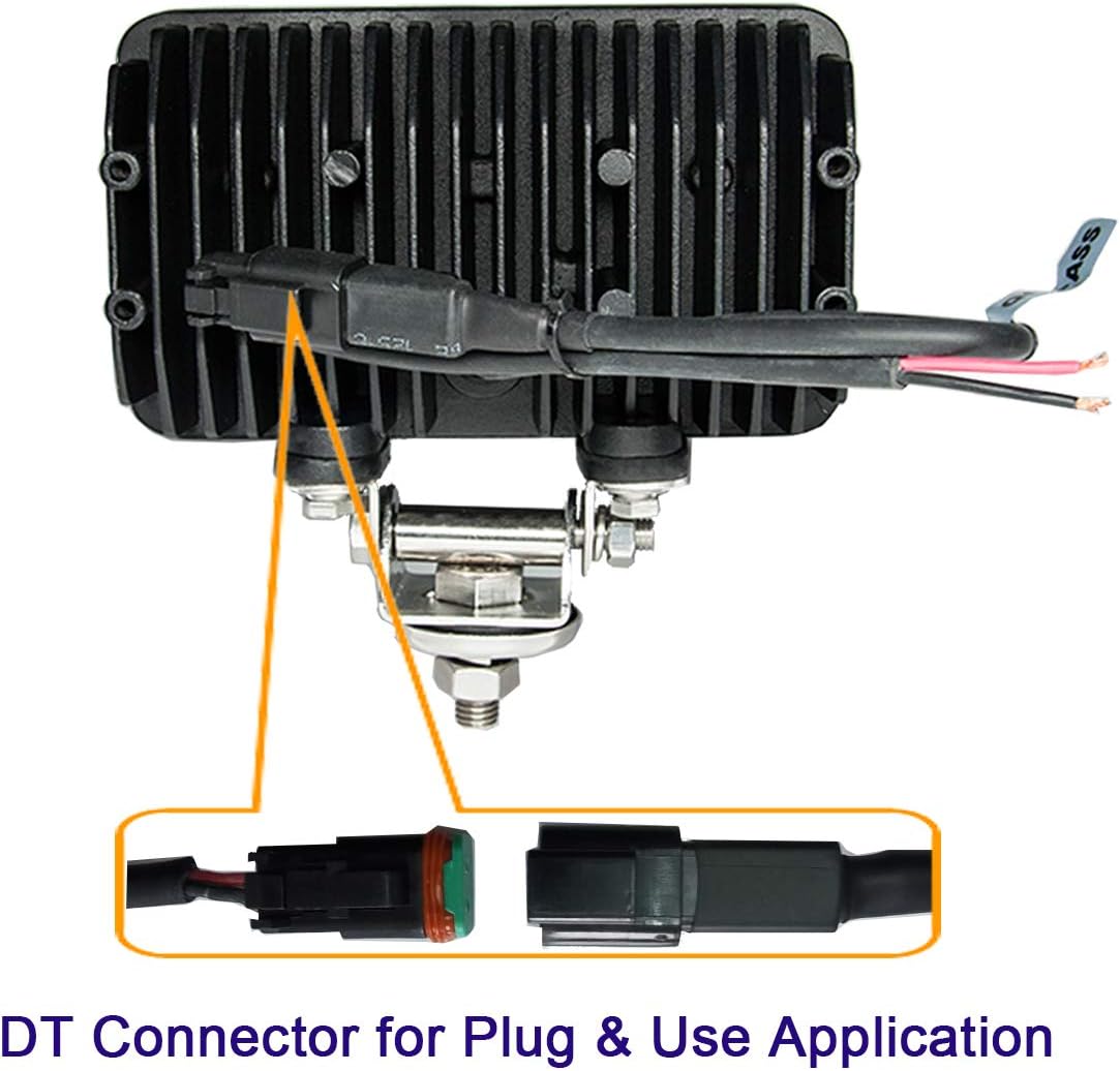 Lightronic 4x6 inch Rectangular Off-Road LED Work Light, Super Bright 6000K Cool-White, Flood Beam for Trucks & Tractors, Plug & Use DT Connector, IP68 Waterproof/Dustproof, 12V/24V DC, 2-Pack