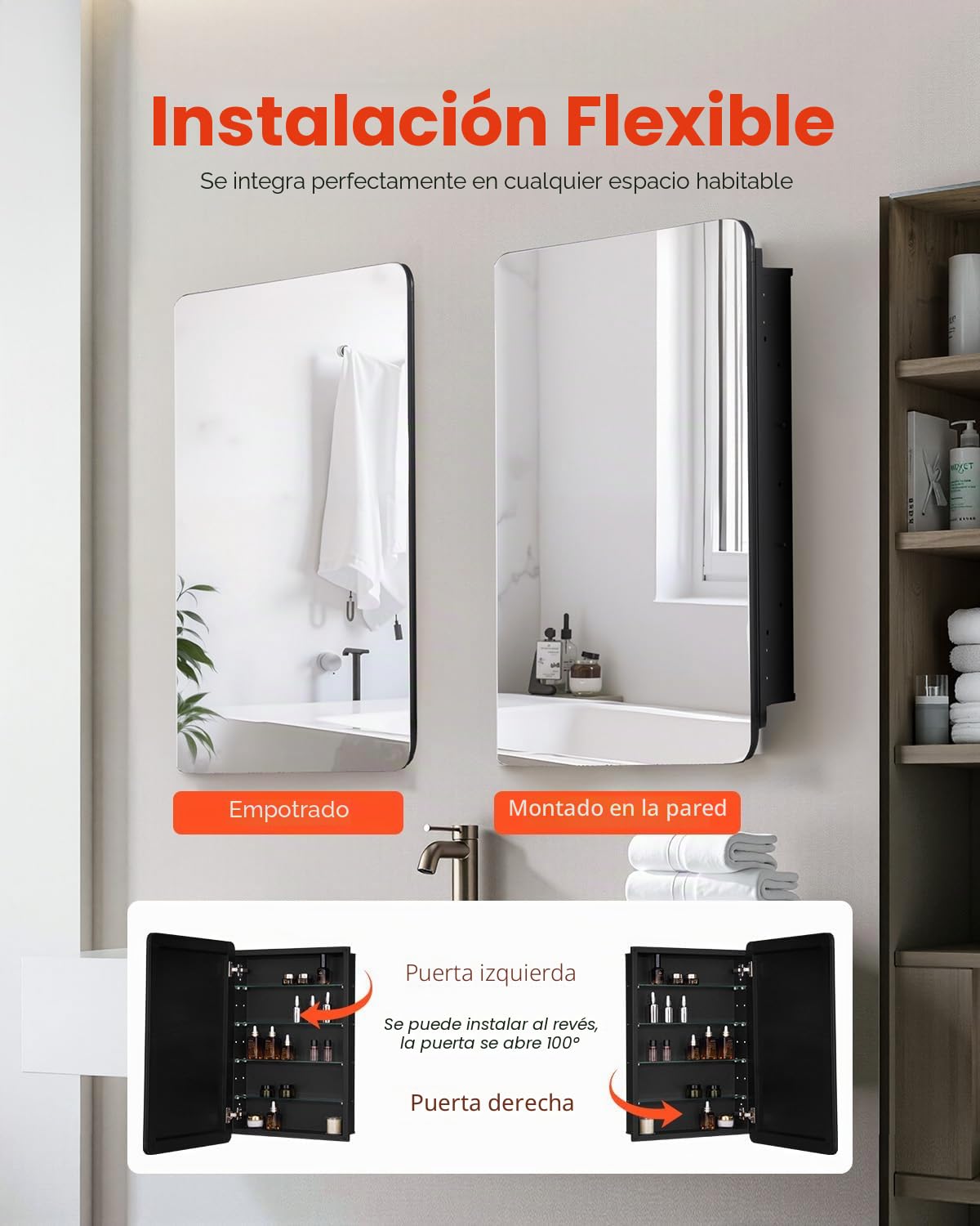 VEVOR Botiquín con Espejo para Baño con Puerta de Espejo y Estantes de Vidrio Ajustables, Instalación Empotrada y Montada en Pared, Aluminio, Organizador de Almacenamiento, 508 x 126 x 762 mm