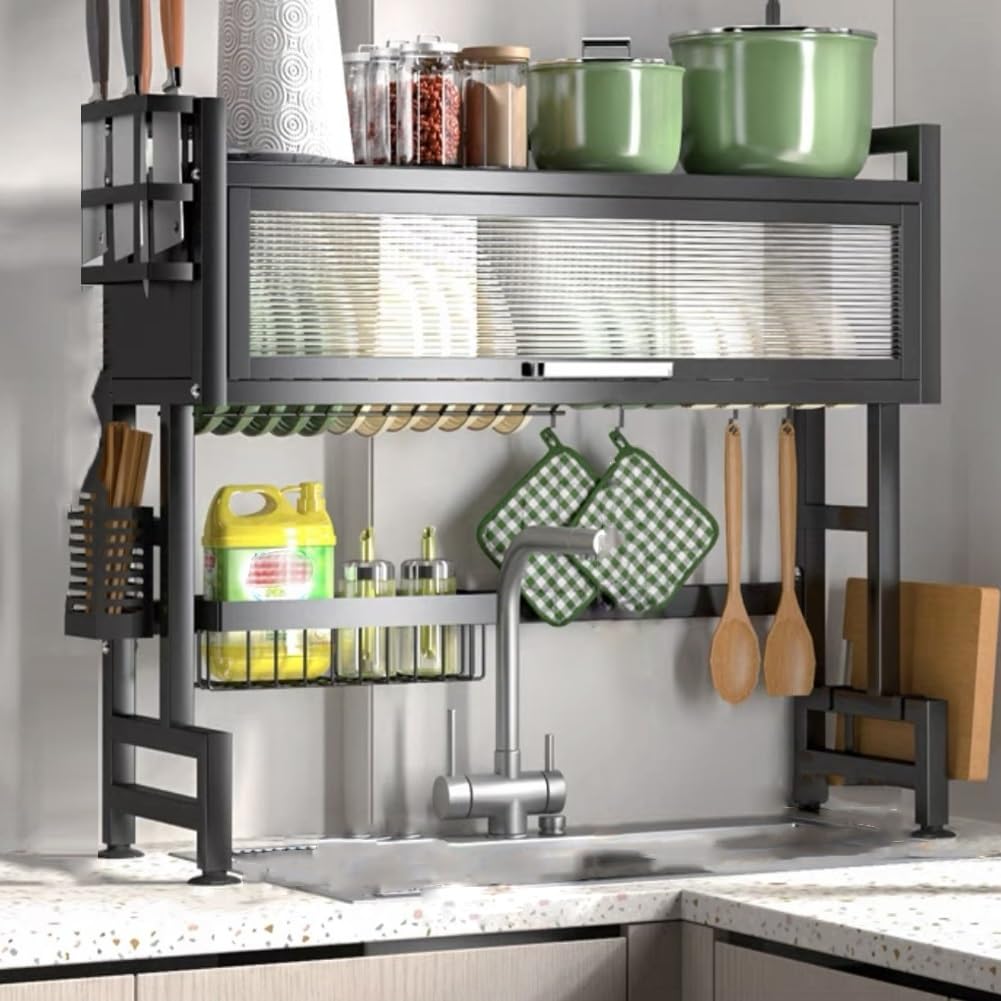 Lavello Multifunzionale Da Banco Sopra L'organizzatore Di Piatti, Scolaposate Del Lavello Della Cucina, Scolaposate Di Grande Capacità Con Porta Dell'armadietto For I Lavelli Della(Black,65cm(25.6in))