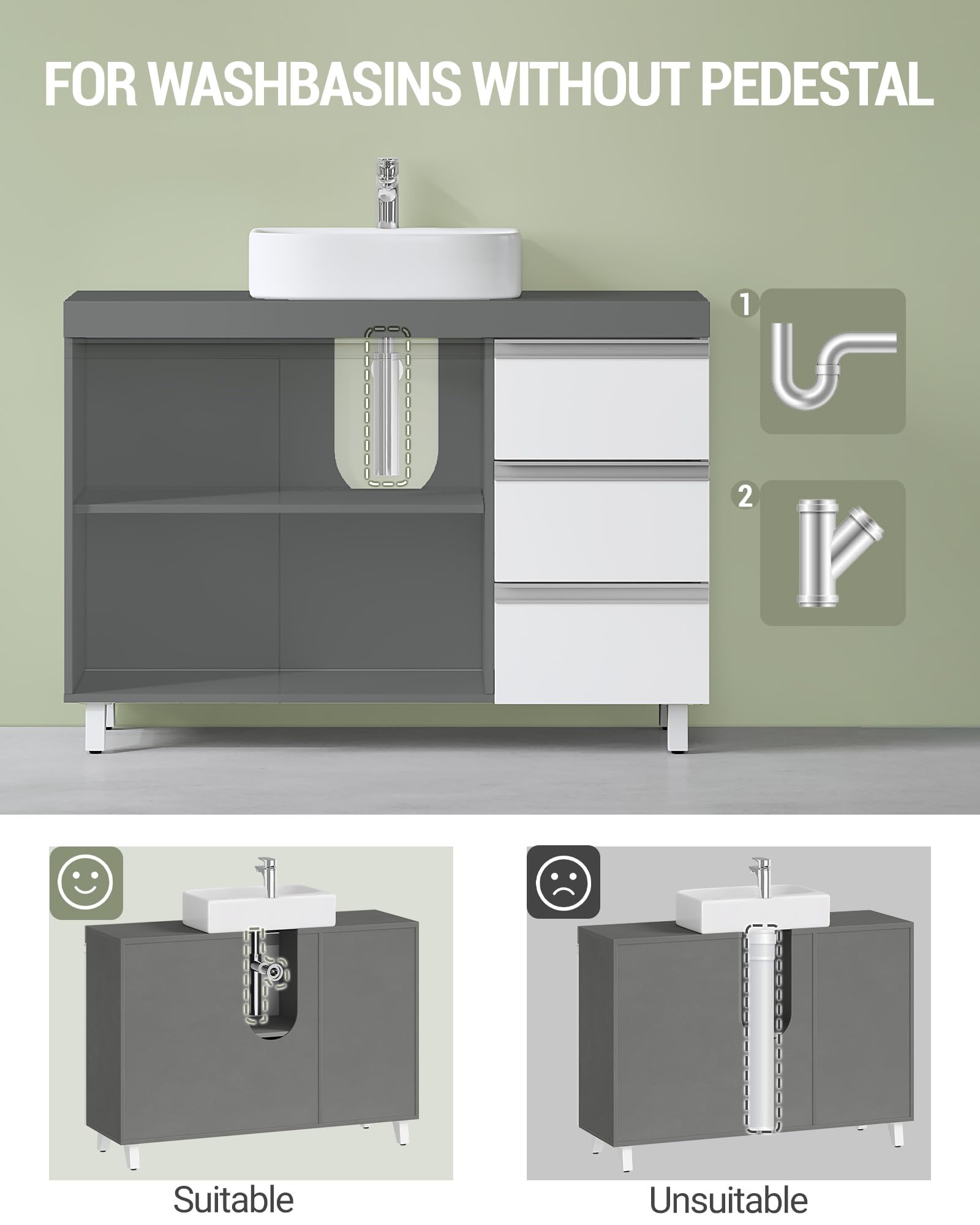 Hzuaneri Meuble sous Lavabo, Meuble sous Vasque, Salle de Bain, 30x90x64cm | 2 portes, 3 tiroirs, Rangement Spacieux, Autoportan, Gris Ciment et Blanc Nuage, BC29929X