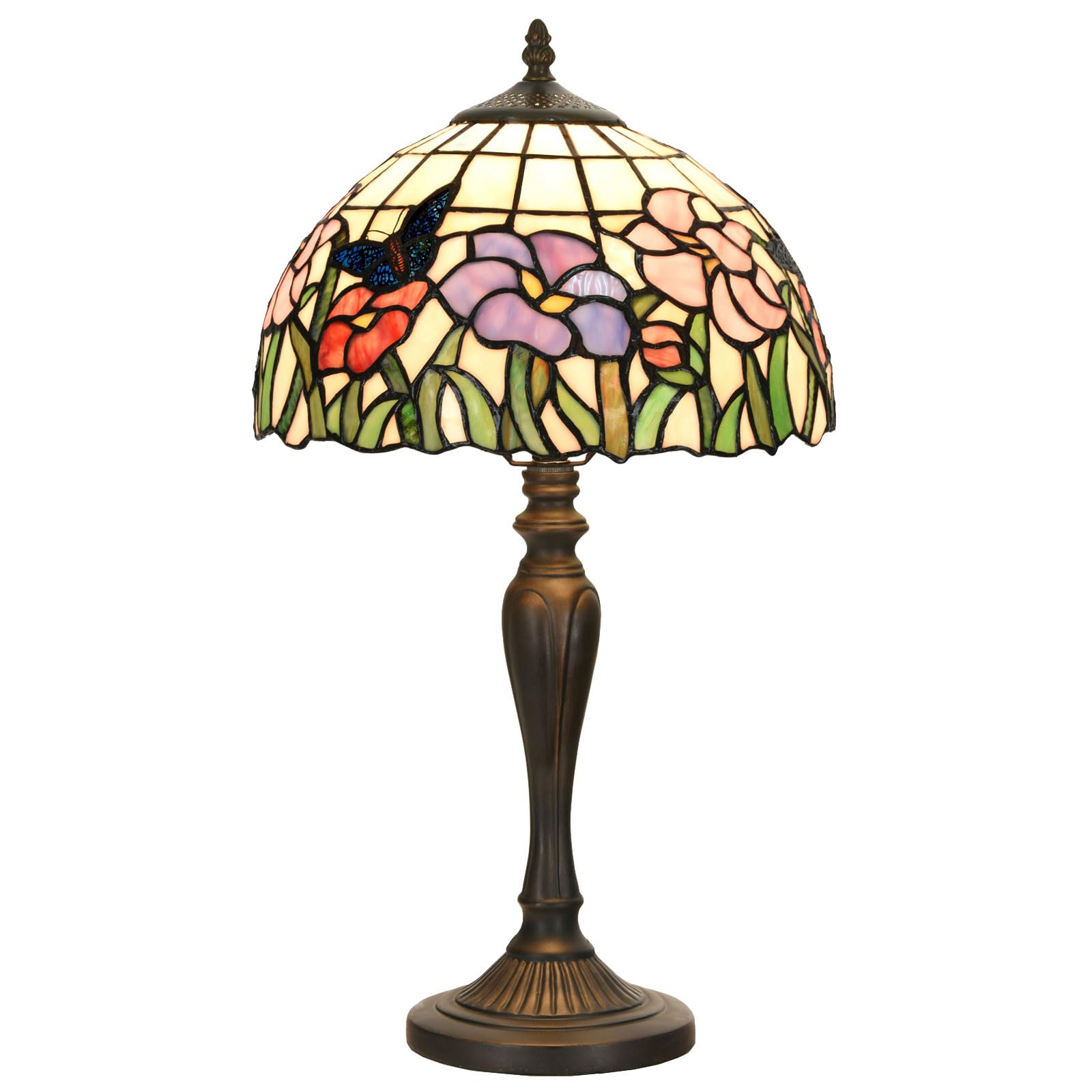 TL0001 Tiffany Table Lamp Bedside Stained Glass Lamp Flowers Butterfly Design Reading Desk Light 12X21.5 Inches for Bedroom Living Room Home Office,Vintage Look Handcrafted Accent Décor