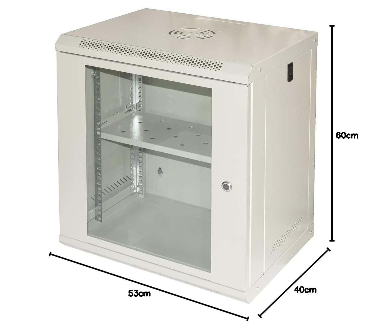 LINK LK1912ULFP Armario Rack 19" 9U desmontado con Puerta de Cristal Templado y Cierre con Llave, Laterales abatibles, Postes Ajustables, Estante Incluido, Color Gris RAL7035 Dimensiones 53 x 40 x 60