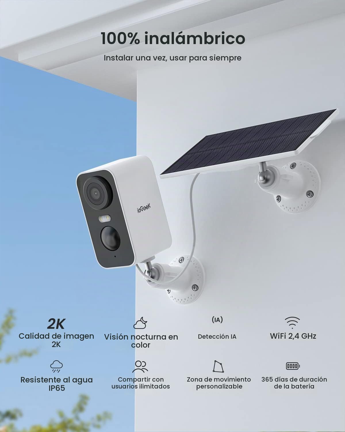 ieGeek 2K Camara Vigilancia WiFi Exterior/Interior sin Cables, Cámara de Vigilancia Exterior con Batería Recargable, 10M Visión Nocturna Colorida, Detección de Movimiento PIR, Audio de 2 Vias