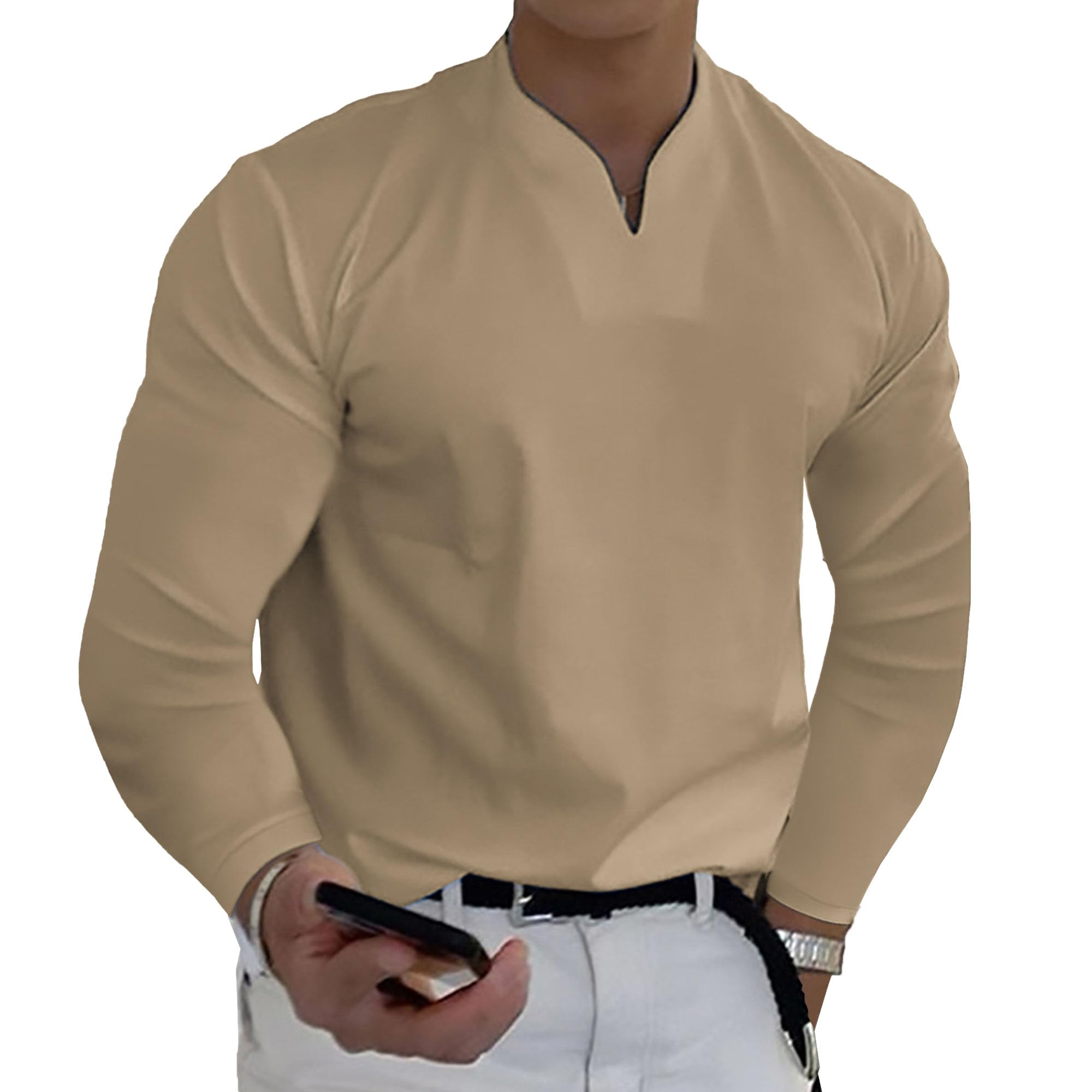 JEKE-DG Fashion V Neck Shirt for Men Long Sleeve Cotton Workout Casual Shirts Muscle Slim Fit Shirts with Pocket (4X-Large,Khaki)