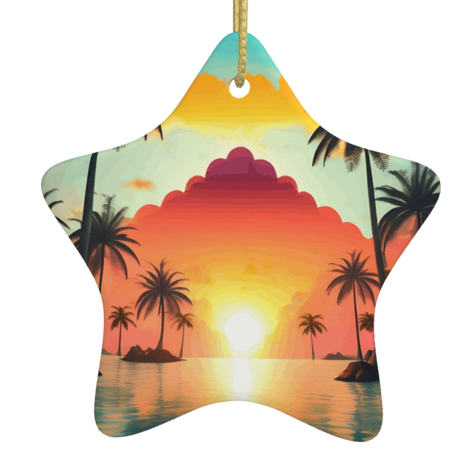Nbtghga White Sunrise Tropical Palm Tree Island Print Christmas Ornaments, Ceramic Hanging Ornament, Round Shape Decorations