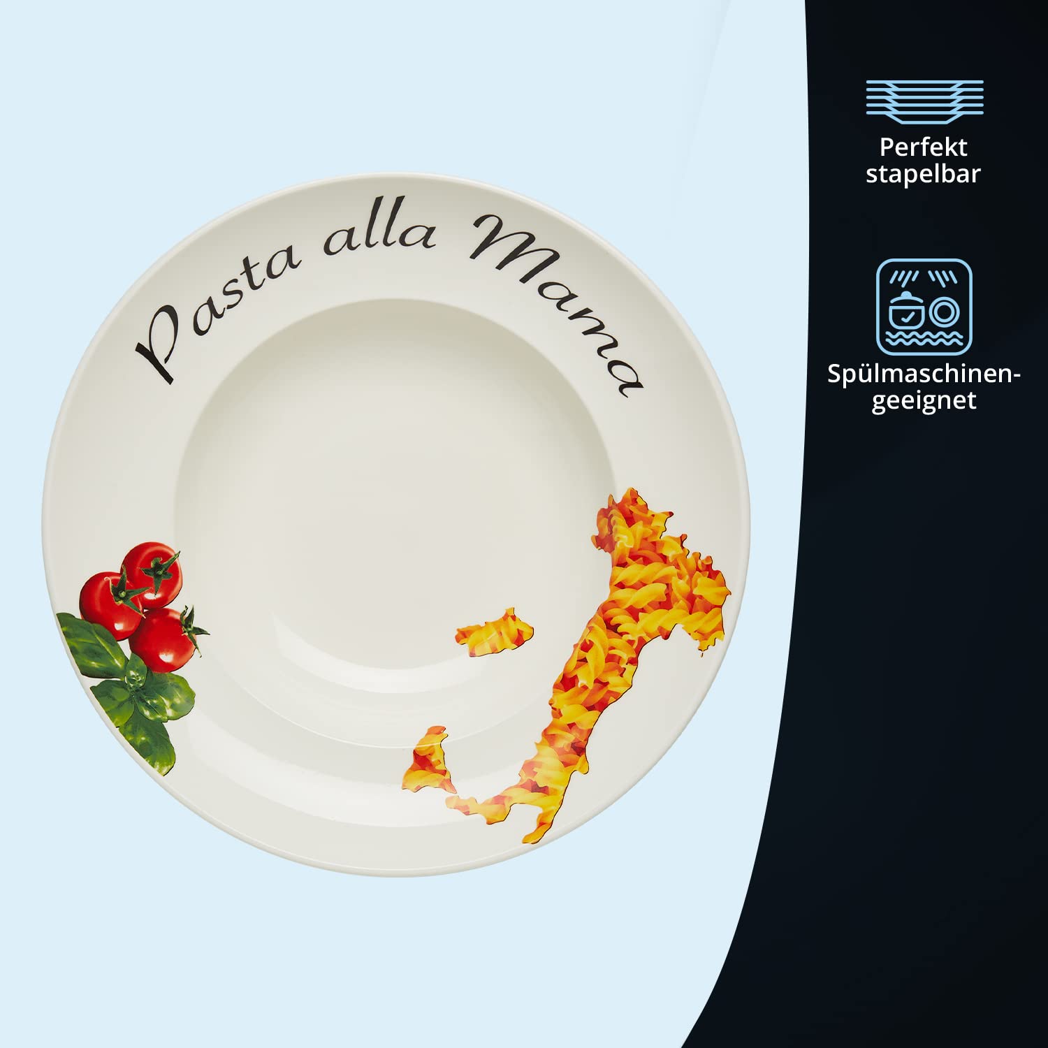 KHG 2er Set Pastateller, extra groß mit 30cm Durchmesser in Pasta alla Mama Print, perfekt für Gastro und Zuhause, hochwertiges Porzellan, Suppenteller, Salatteller, Spühlmaschinengeeignet