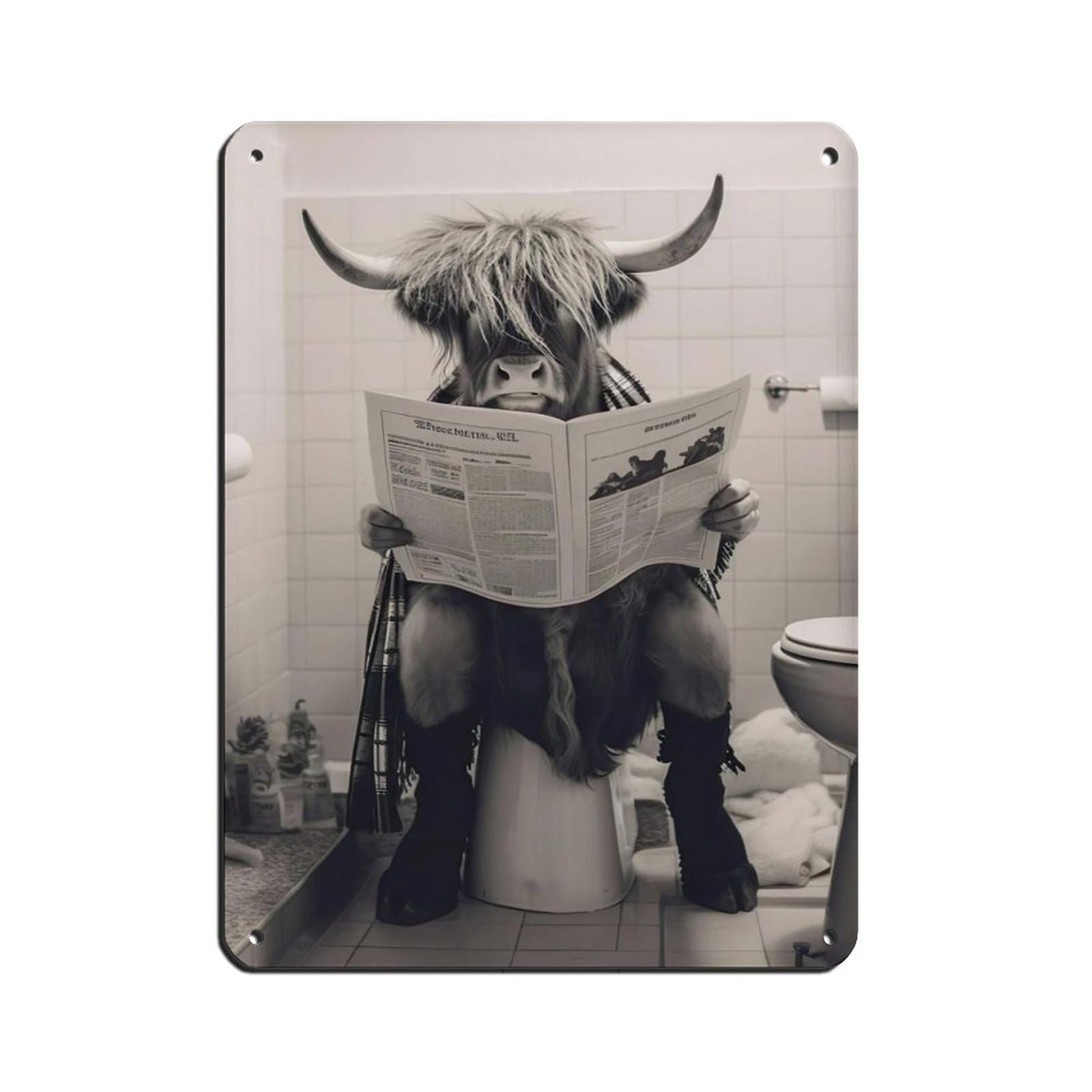Highland Cow Sitting on The Toilet Reading A Newspaper (8) Retro Poster Metal Tin Sign Chic Art Retro Iron Painting Bar People Cave Cafe Family Garage Poster Wall Decoration 12x16inch(30x40cm)