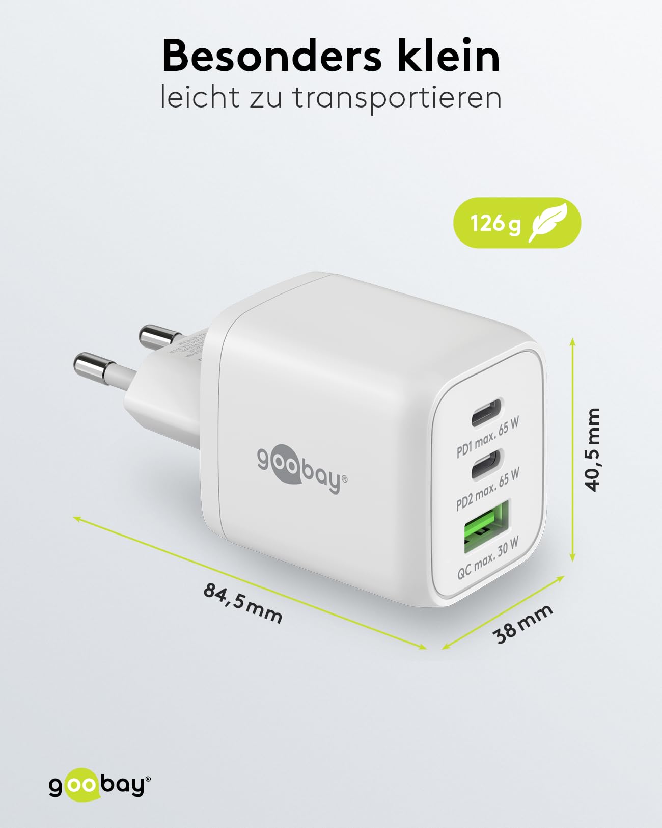 Goobay 64754 Chargeur Rapide multiport USB-C PD Nano (65 W) / 2 x USB-C PD 1 x USB-A Quick Charge/Adaptateur Secteur pour câbles de Charge iPhone et Autres téléphones Mobiles/Blanc