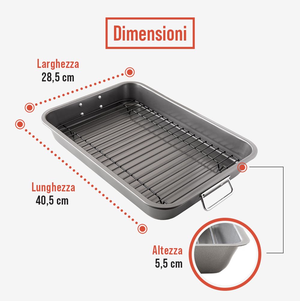 Chef Pomodoro Teglia con Griglia da Forno (41 x 28 cm), Teglia Forno Rettangolare Antiaderente in Acciaio al Carbonio, Gratella di Raffreddamento per Arrosti e Fritti