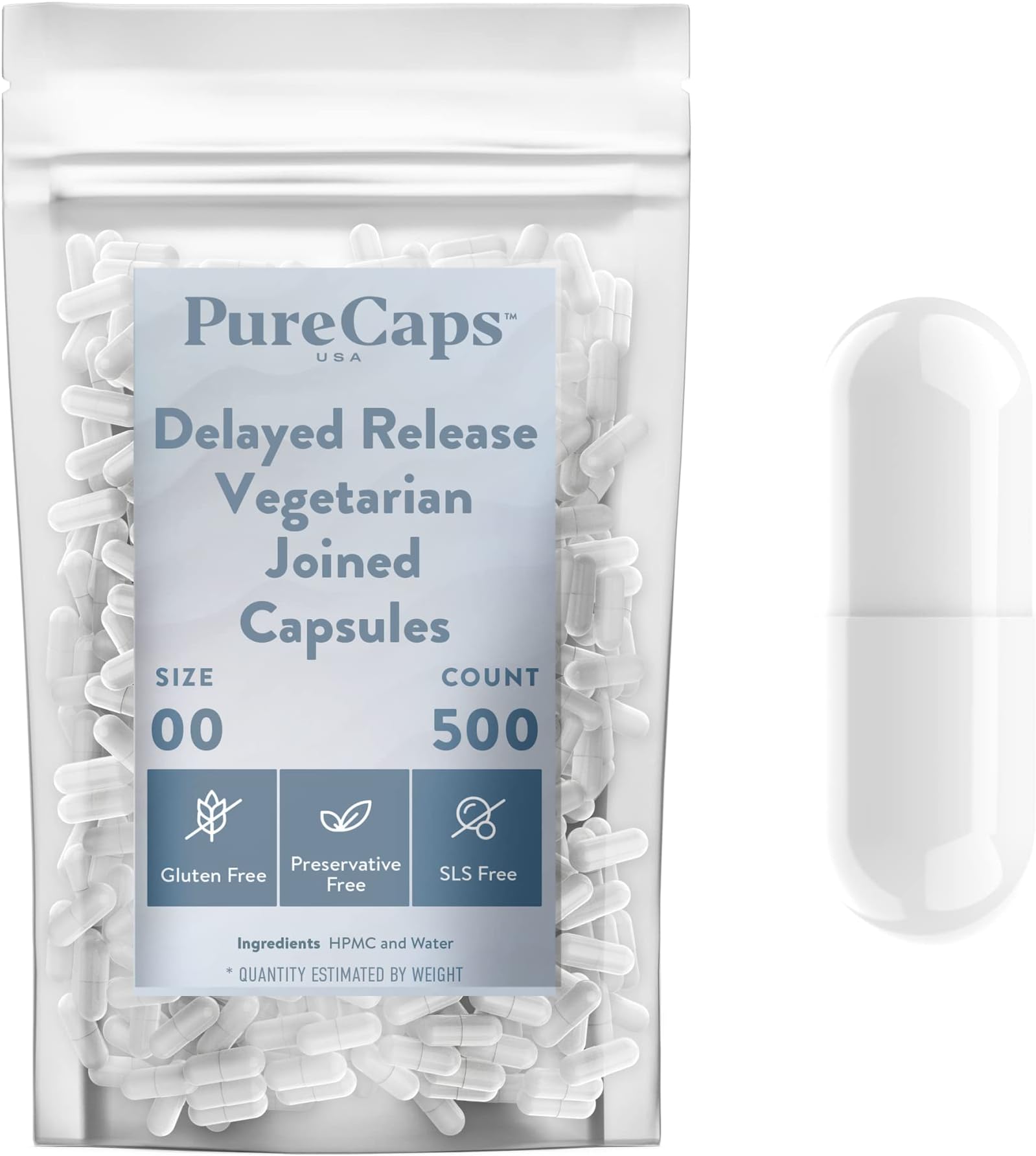 PureCaps USA - Empty Vegetarian and Vegan Delayed Release/Acid-Resistant Pill Capsules Size 00| 500 JoinedPills|White| Non-GMO Certified | SLS, Gluten, Preservative Free