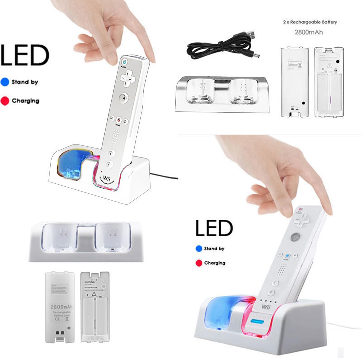 Caricatore per Wii per controller, 2 in 1 Stazione di Ricarica Caricatore Dock con 2 Pack 2800mAh Batteria Ricaricabile Fit per Wii/Wii U Remote Controller