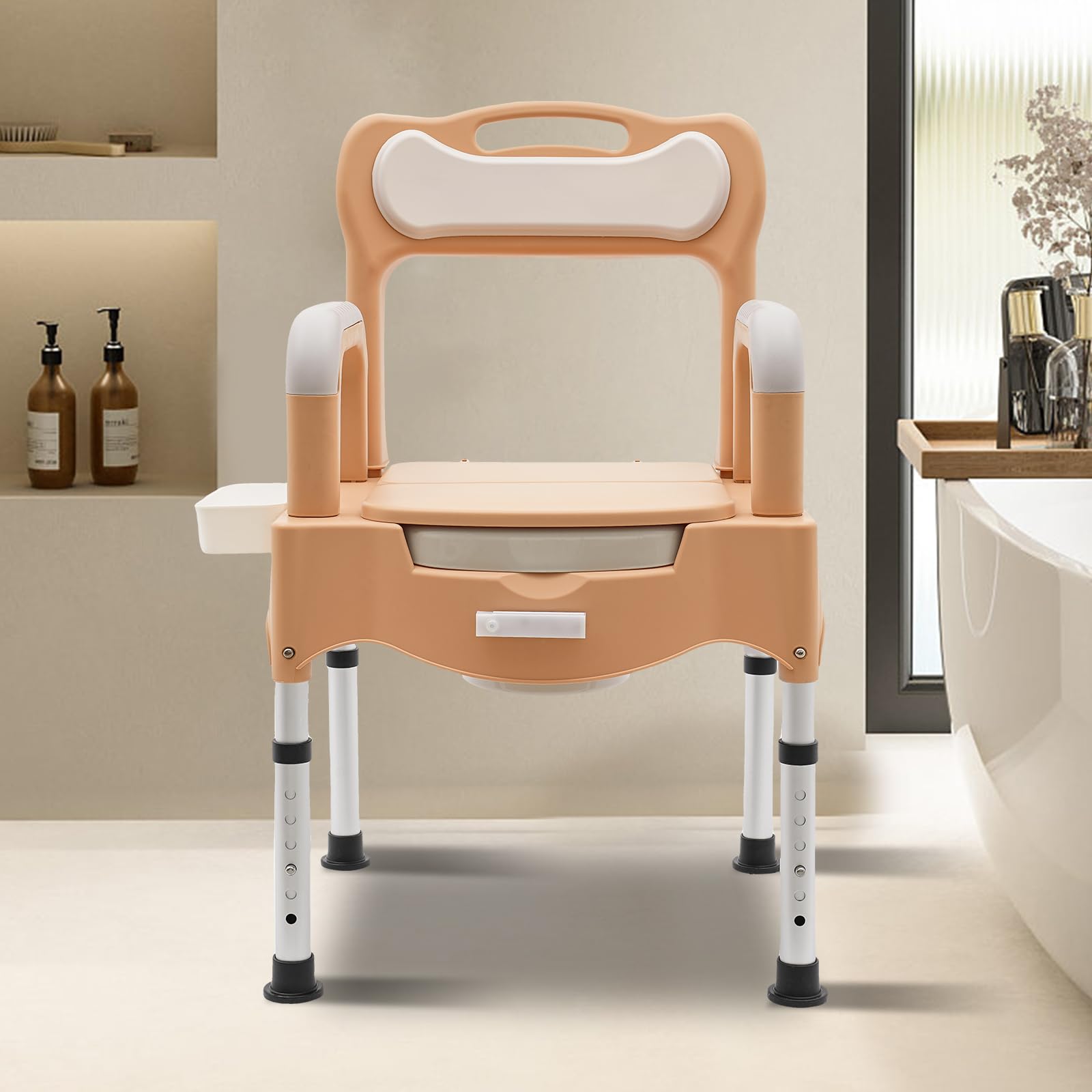 Krzesło toaletowe z podłokietnikami z regulacją wysokości – krzesło Commode z wiadrem, lampka nocna, stabilna aluminiowa konstrukcja do pielęgnacji seniorów