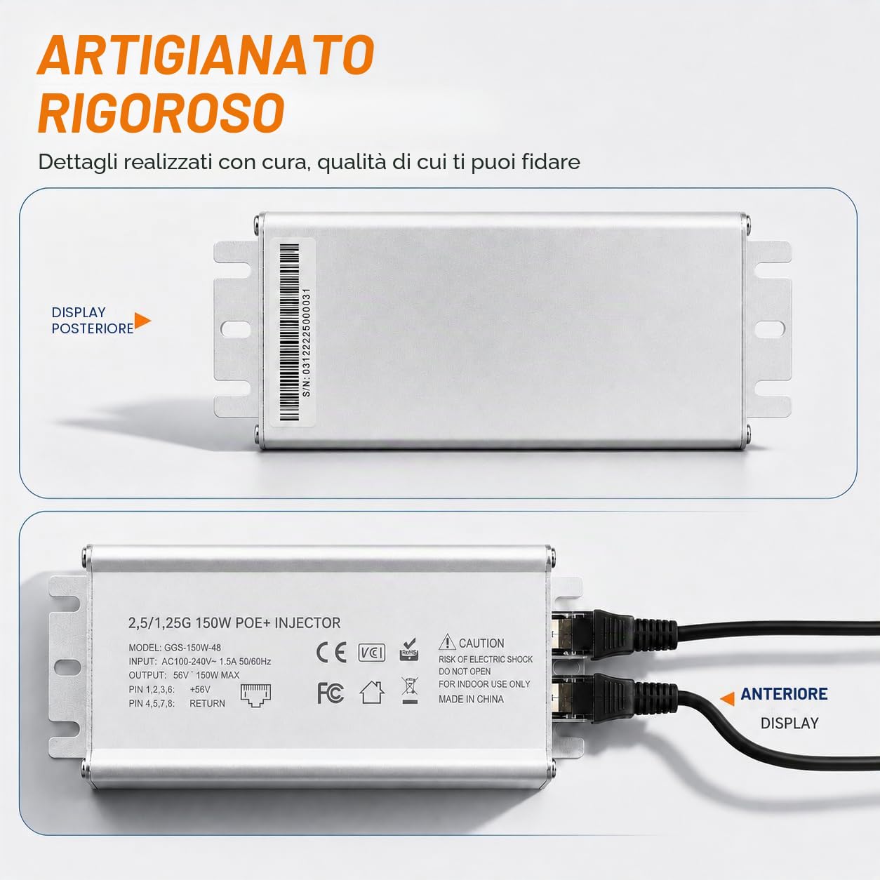 Elfcam - Iniettore PoE 150W 2,5Gb/1,25Gb per Starlink Gen 3 e 2, lega di Alluminio per Un'eccellente Dissipazione Del Calore, Ingresso 100-240V AC e Uscita 150W 48V-56V.