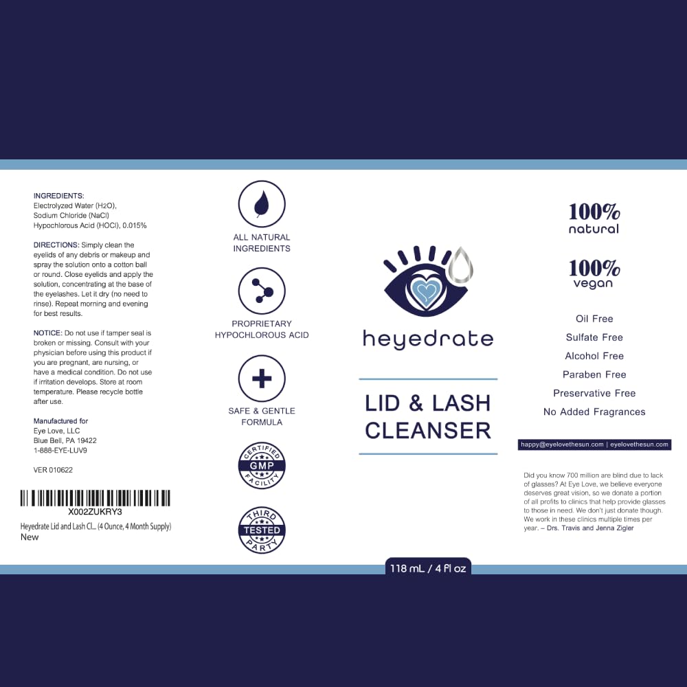 Eye Love Heyedrate Lid and Lash Cleanser – 2oz Glass Bottle – Pure Hypochlorous Acid Spray for Soothing Dry Irritation – Daily lid & Lash Cleanser