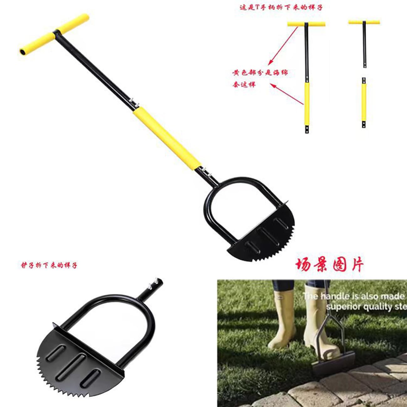 Herramienta de bordes de césped de 96,5 cm, con dientes de sierra, agarre en T, cortadora de césped de media luna, cuchillo de borde de mango largo para bordes de césped