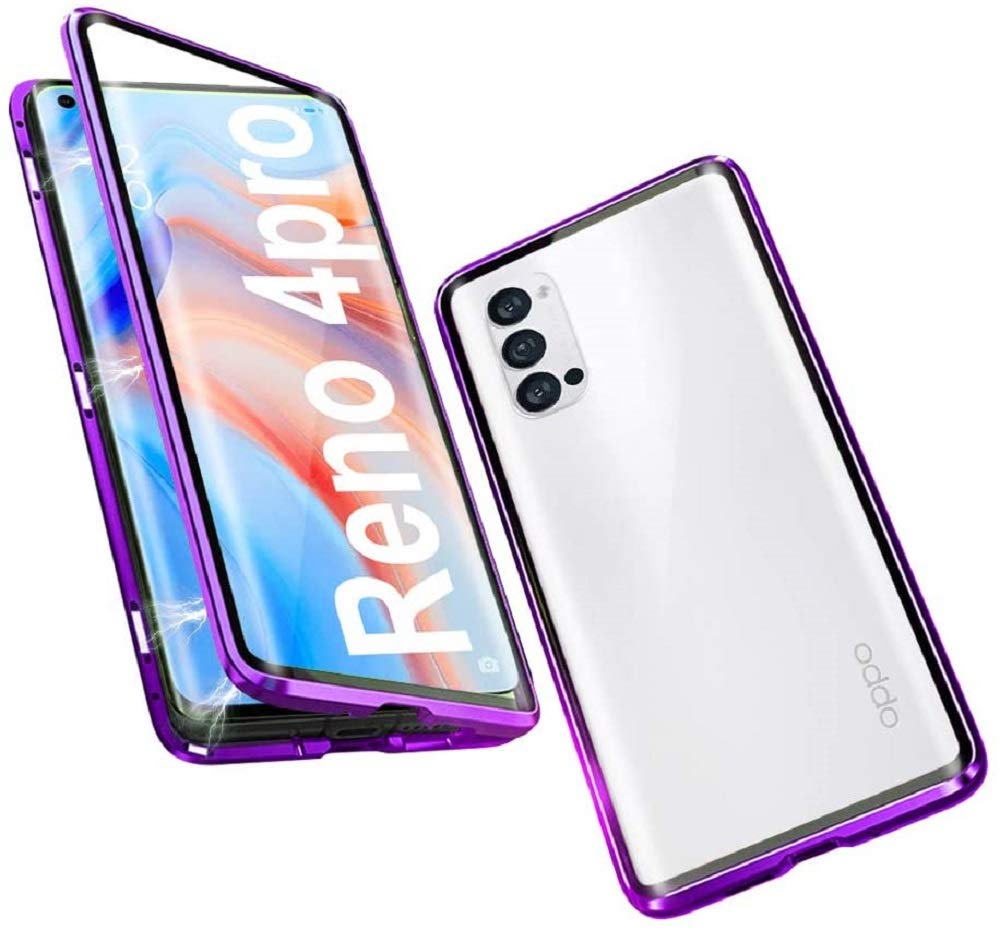 Custodia OPPO Reno 4 5G Con Cover 360° E Vetro Temperato – Bumper Metallico Magnetico, Blu, Compatibile Con Ricarica Wireless