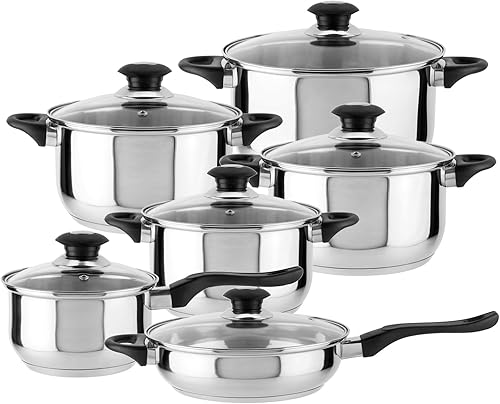 MAGEFESA Monterrey - Juego de utensilios de cocina de 12 piezas, ollas y sartenes de acero inoxidable de alta calidad con asas de baquelita