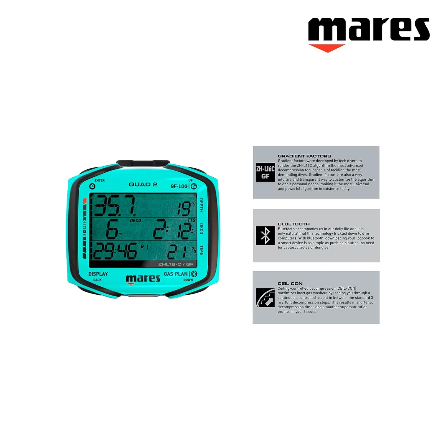 Mares Quad 2 Dive Computer with Gradient Factors, Bluetooth, and Ceil-Con features highlighted
