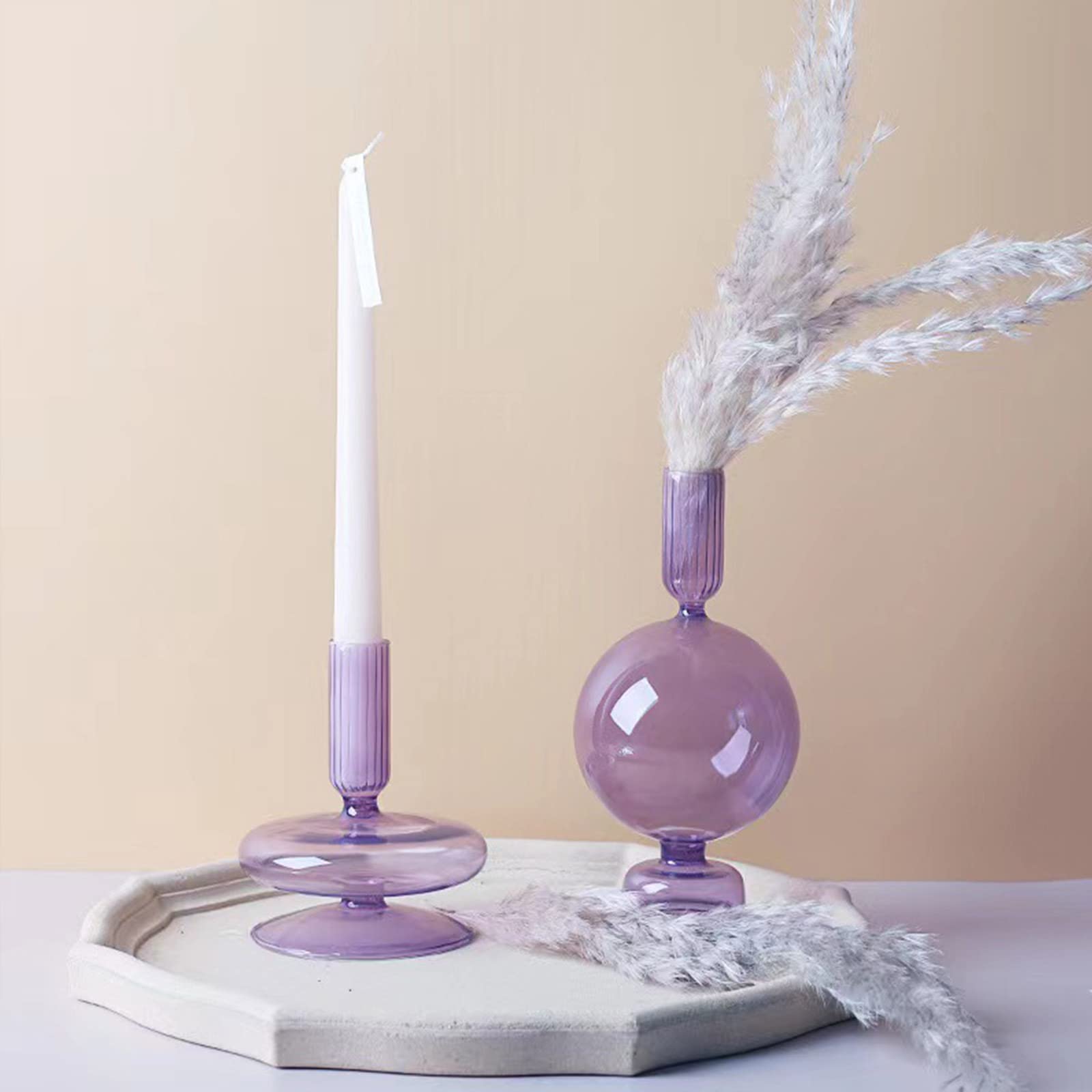 LKPOMI Glass Candlestick Holders - Colorful Glass Taper Candle Stand - Modern Elegant Candle Sticks - Home Party Centerpiece (Purple B)