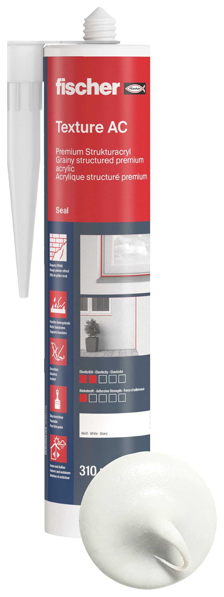 fischer Strukturacryl Premium DSA, körnige Dichtmasse, Riss- & Füllspachtel für den Innen- und Außenbereich, Fugenmasse für Ausbesserungen rauer Oberflächen, 310 ml, weiß
