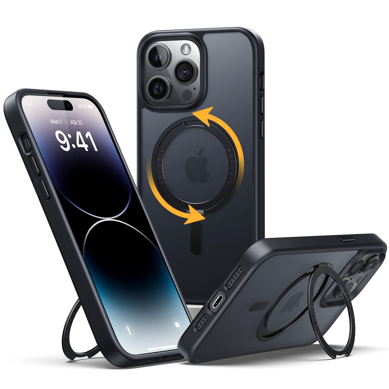 andobilEasy-Relax iPhone 14 Pro Max Phone Case - 360° Rotatable Double Sided Magnet Ring - Compatible with Magsafe Shockproof Kickstand Slim Thin Phone Case for iPhone 14 Pro Max 6.7”- Black