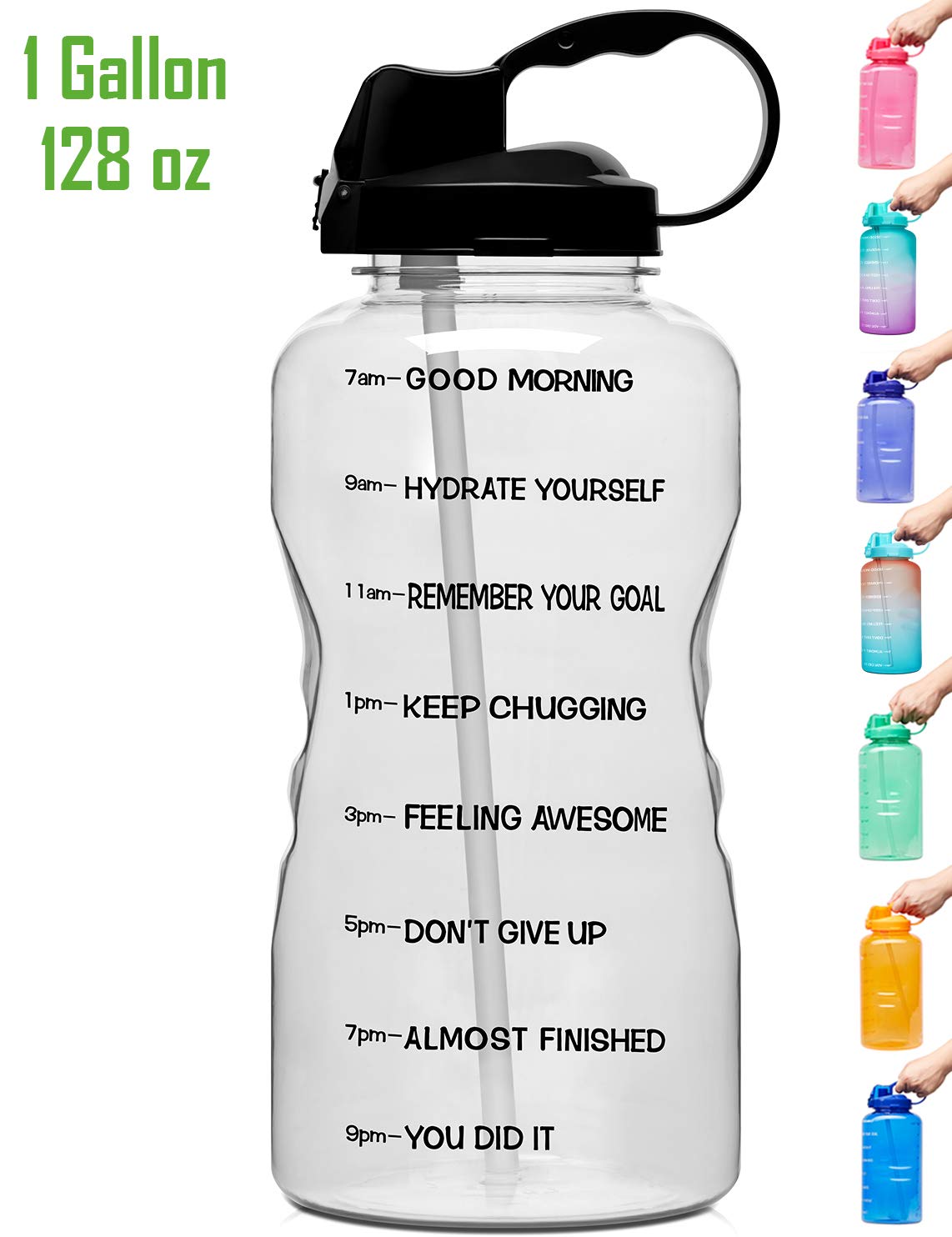 Venture Pal Large 1 Gallon/128 OZ (When Full) Motivational BPA Free Leakproof Water Bottle with Straw & Time Marker Perfect for Fitness Gym Camping Outdoor Sports