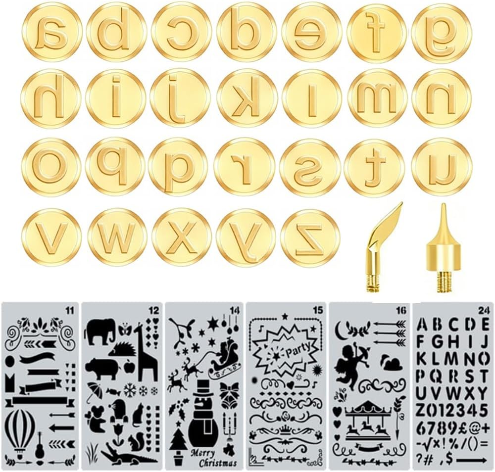 Wood Burning Tips Letters Uppercase Alphabet Number Symbol Branding and Personalization Set (Include 38 Numbers 18 Symbol and 6 Stencils)