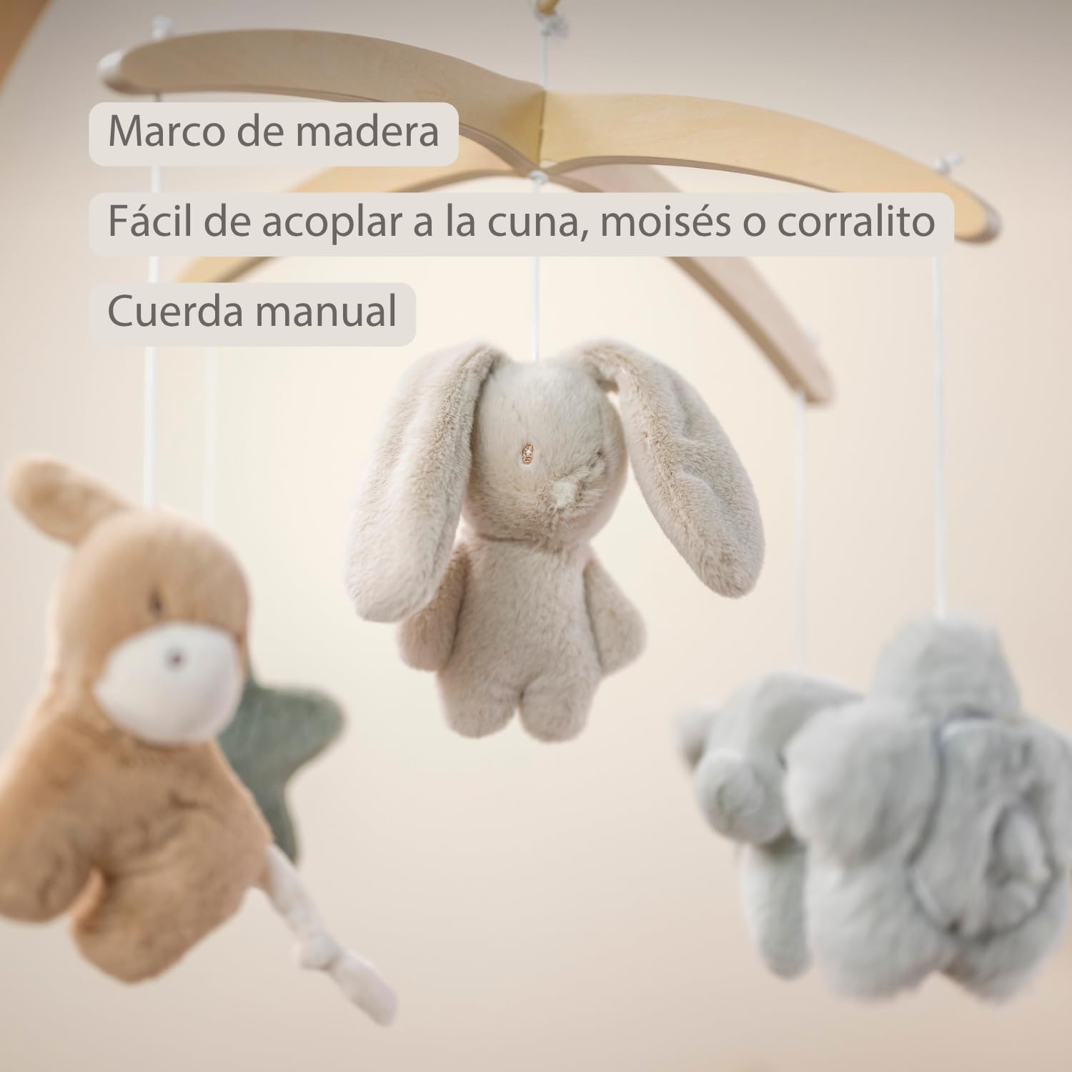 Nattou Loulou Móvil Musical de Madera para Bebé, Carrusel Cuna Bebe, Regalo para bebé, Regalo de Nacimiento, 50 x 40 x 74 cm, Colores Suaves, Verde, Beige, Ecru