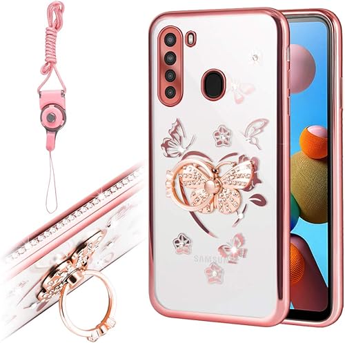 Para Samsung Galaxy A21 Versión de EE UU Flash Iris Series - Delgado lujo brillante Rhinestone transparente TPU caso con anillo de mariposa diamante