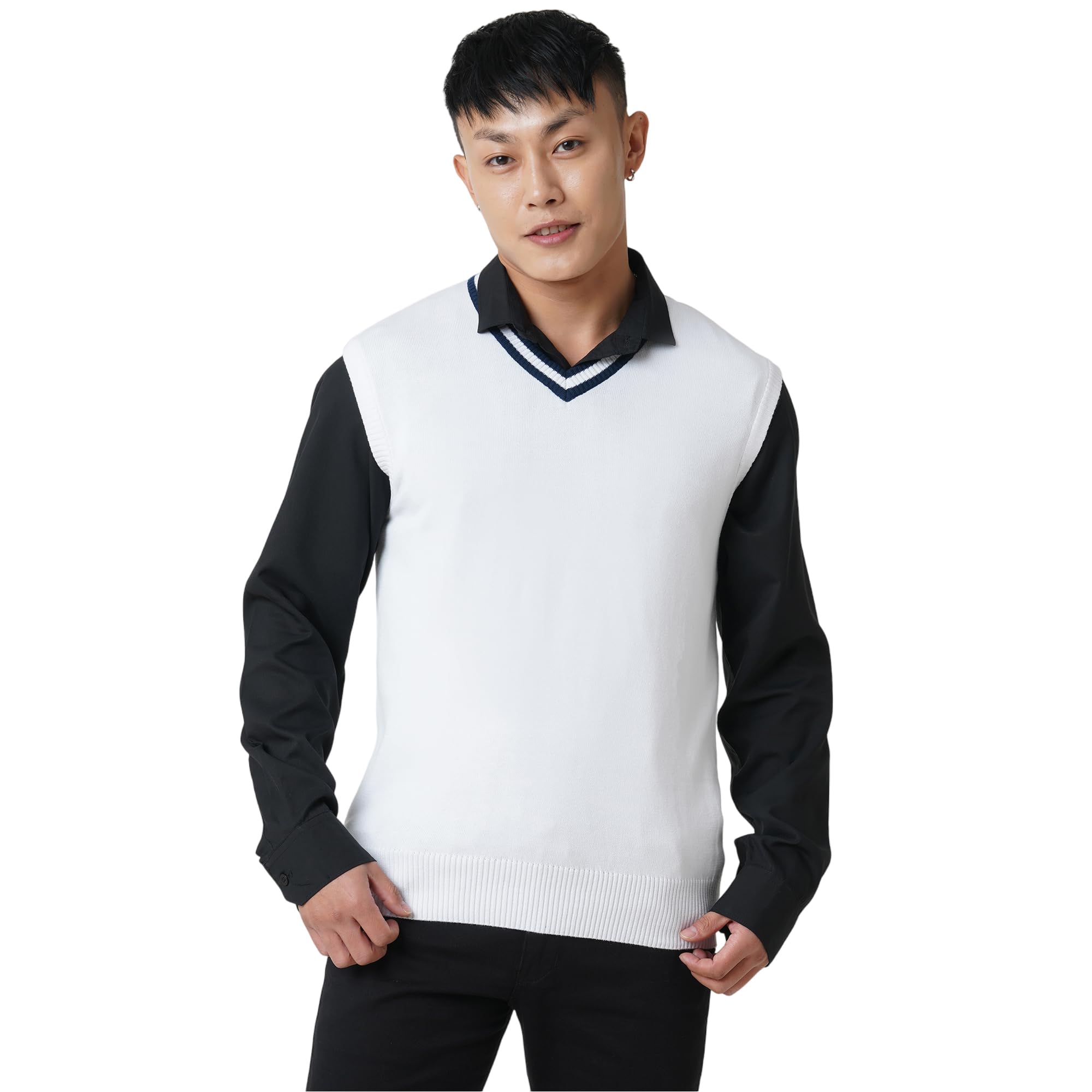 Men V-Neck Sleeveless Cotton Knitted Ribbed Hem Sweater Vest