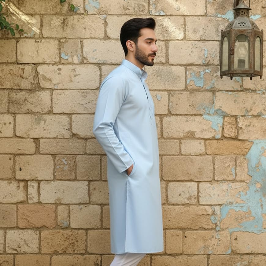 Image of Men's Cotton Blend Blend Knee Length Solid Color Style Stright Long Mandrin Collor Ethnic Casual Wear Kurta Only