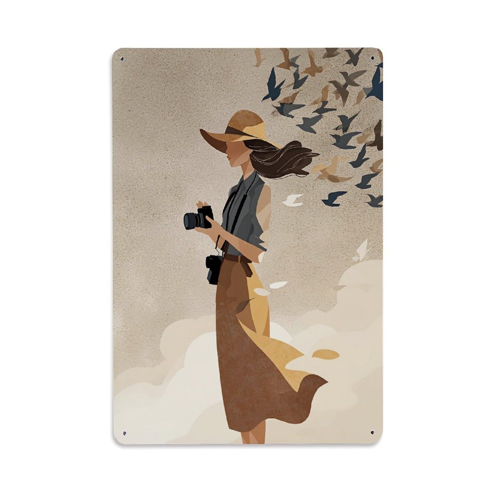Nestemfo Vintage Woman Holding Camera With Birds Tin Sign Metal Sign, Living Room,Bar, Home, Bedroom Wall Decor,Retro Metal Poster 8X12 Inches