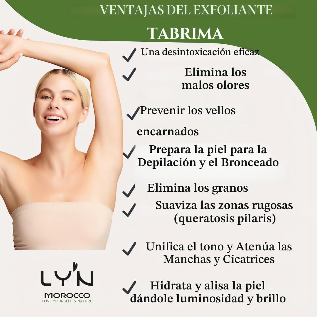 Exfoliante Corporal Brillo y Antirugosidades (Tabrima), 100%Natural y Orgánico con NILA, Oliban y Plantas-Para Queratosis, Celulitis, Desintoxicación Axilas, Antes del Bronceado y Depilación-Efectos