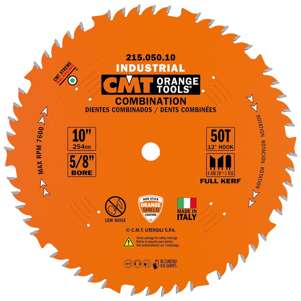 CMT 215.050.10 Industrial Combination Blade, 10-Inch x 50 Teeth 4ATB+1TCG Grind with 5/8-Inch Bore, PTFE Coating