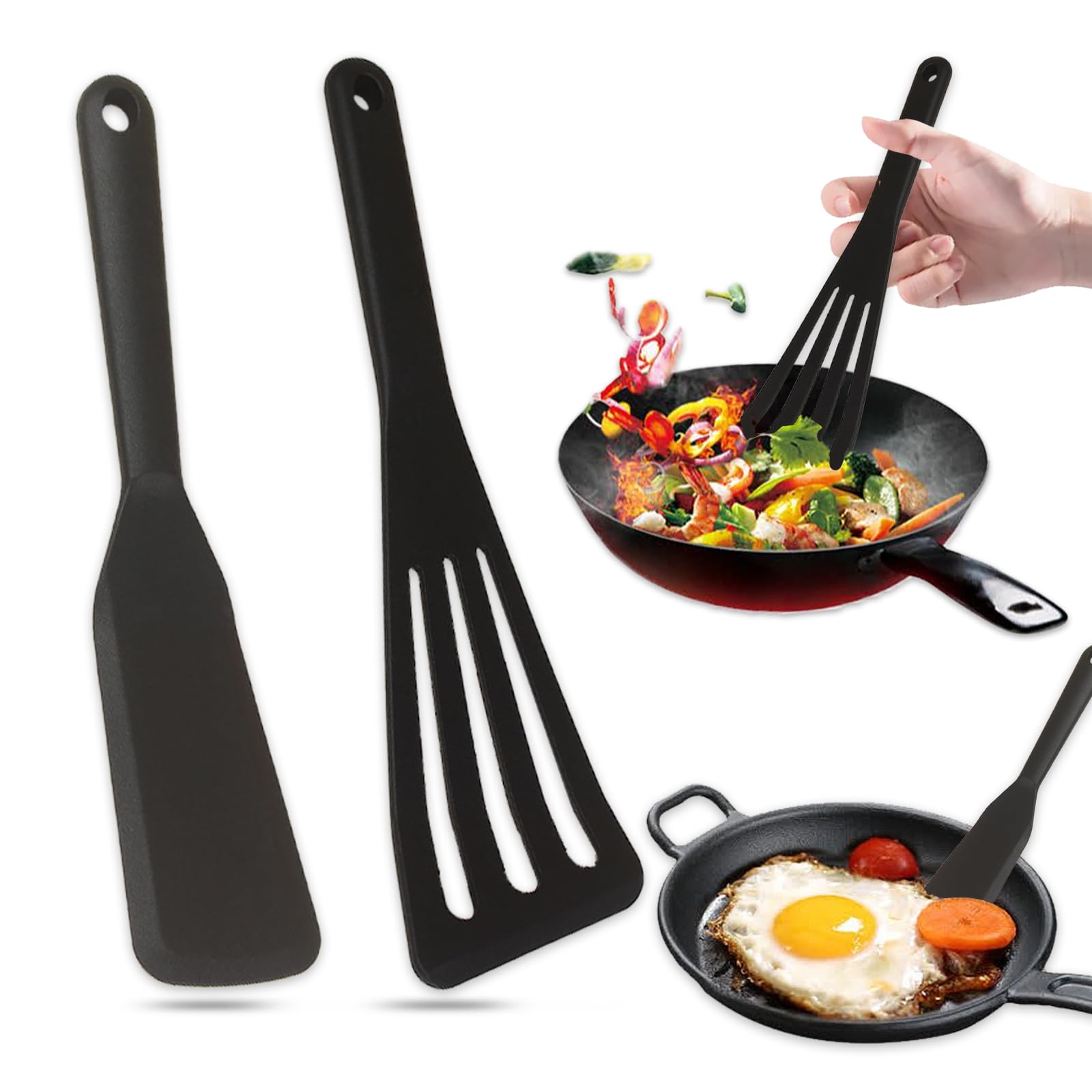2 Spatole In Silicone Per Wok Antiaderente - Resistenti Al Calore, Senza BPA, Manico Lungo Antiscivolo - Utensili Da Cucina Neri
