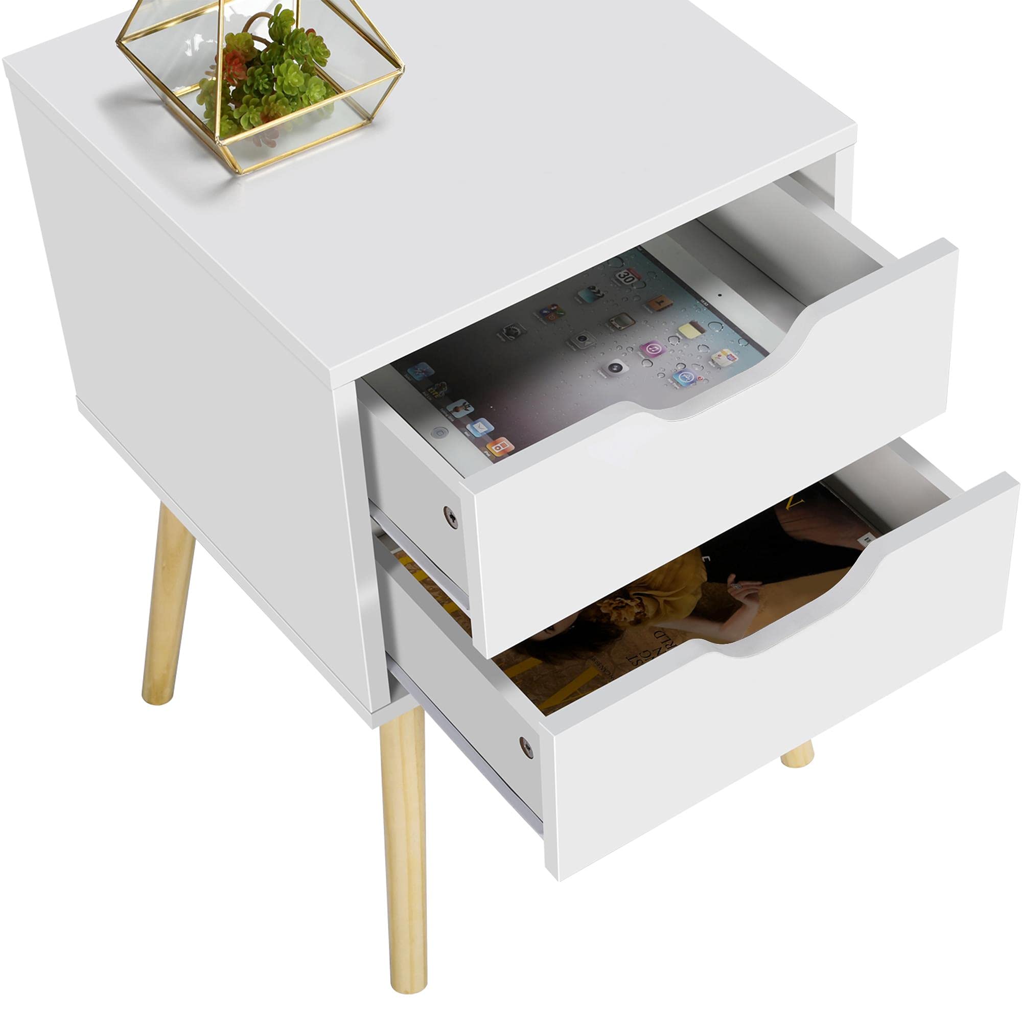 Yaheetech Mesitas de Noche Mesillas de Noche con 2 Cajones 40x40x61 cm Mesa Auxiliar de Madera para Dormitorio Salón Cama Oficina Estilo Moderno Blanco