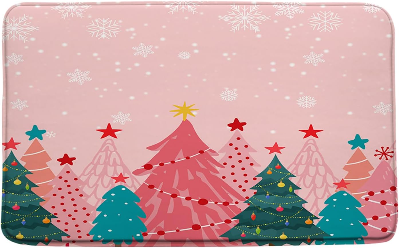 Christmas Tree 3 Piece Bathroom Mat Sets,Pink Xmas Tree Snowflake Green Forest Winter Bath Toilet Rugs,18"x30"Bath Mat,Toilet Seat Cover, U-Shaped Toilet